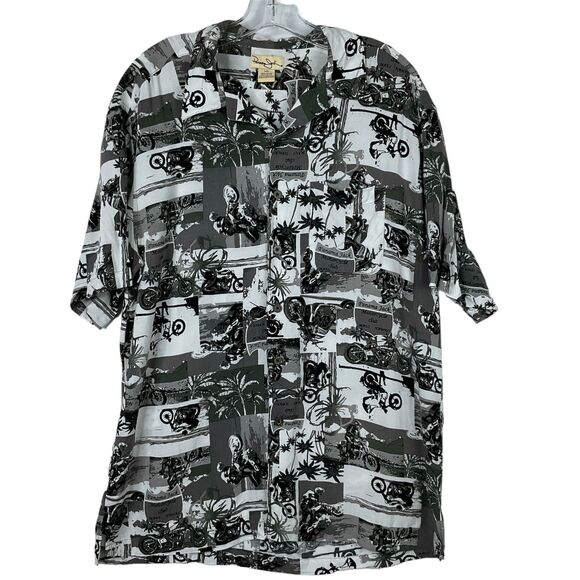 Panama Jack Men's Large Short Sleeve Button Up Shirt Gray/White Motorcycle Club - Picture 1 of 9